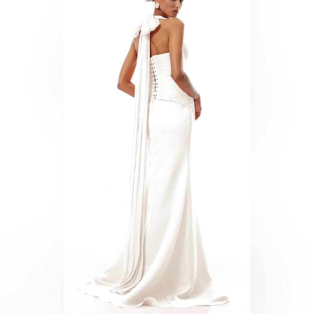 Miss Rosier Elegant White Halter Wedding Dress with Draped Train - Picture 2 of 9